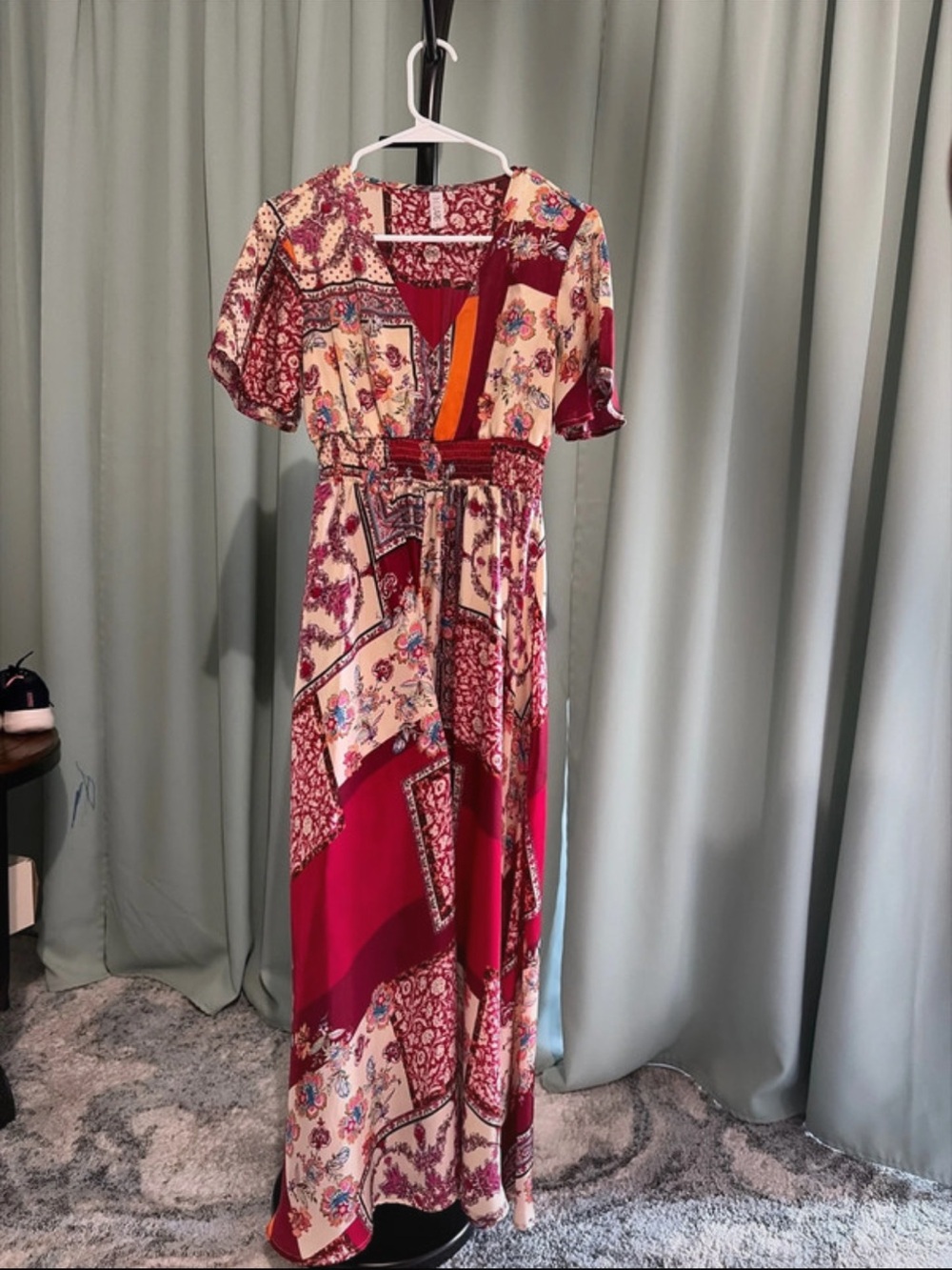 Bohemian Patchwork Maxi Dress in Burgundy and Cream